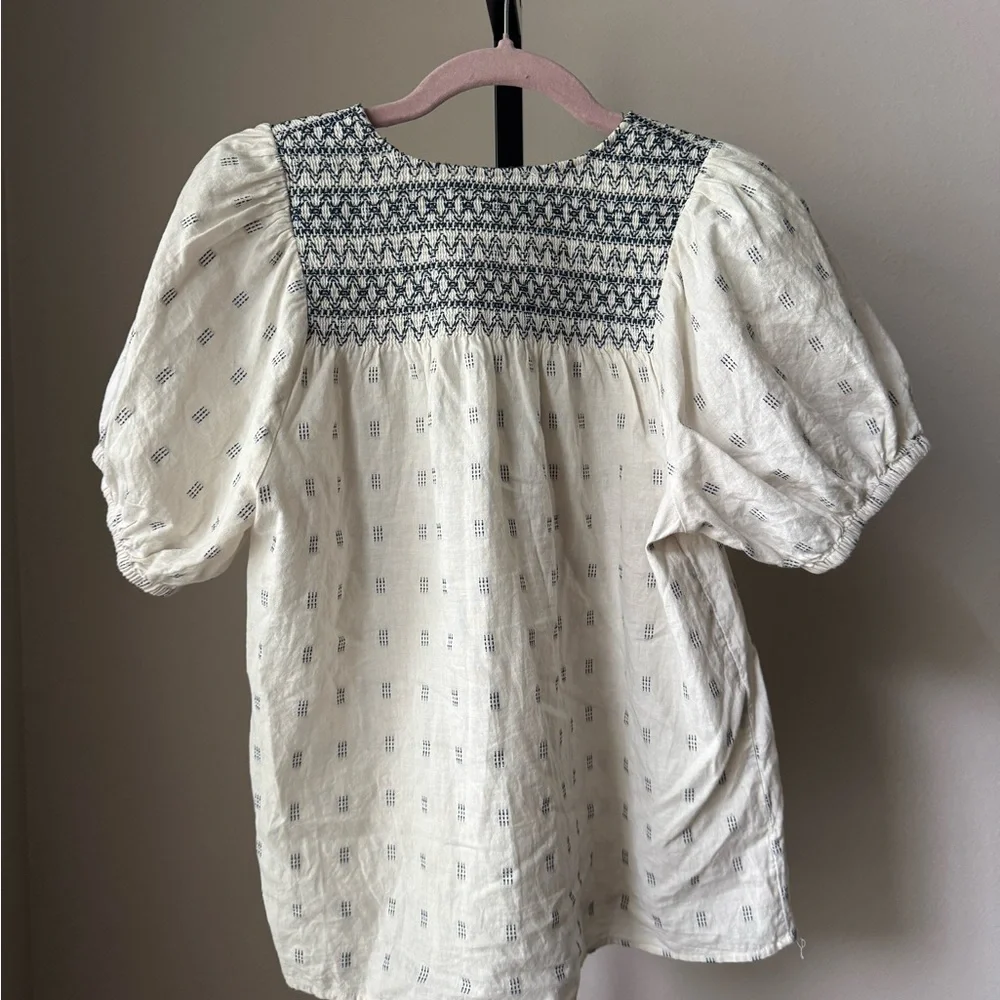 Madewell Cream and Black Textured peasent blouse